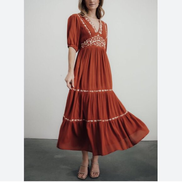 NWT Baltic Born Santa Fe Embroidered Midi Dress Rust Orange White V-Neck Size XS - Picture 1 of 7